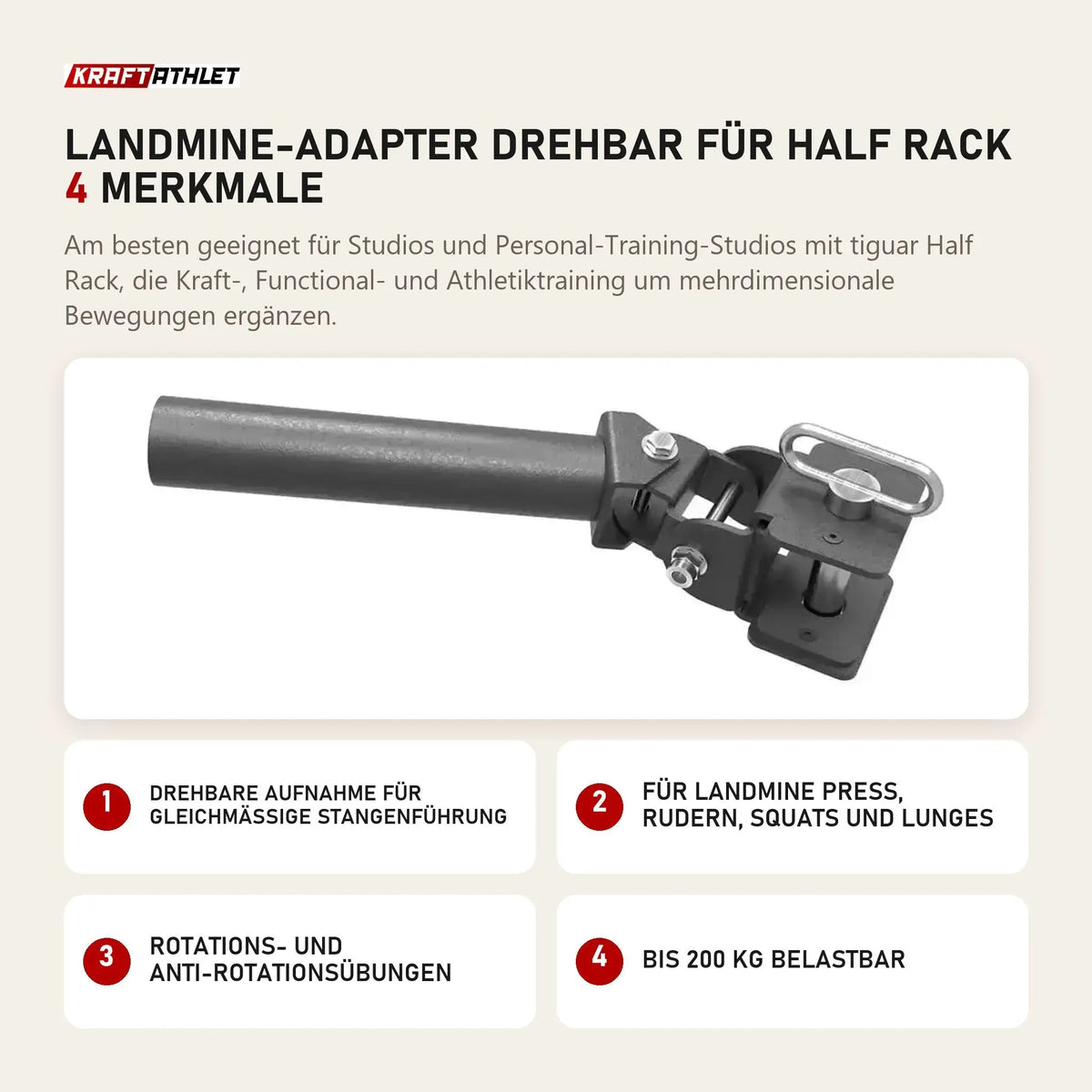 tiguar Landmine-Adapter drehbar für Half Rack mit 4 Merkmalen: Drehbare Aufnahme für gleichmäßige Stangenführung, Für Landmine Press, Rudern, Squats und Lunges, Rotations- und Anti-Rotationsübungen, Bis 200 kg belastbar