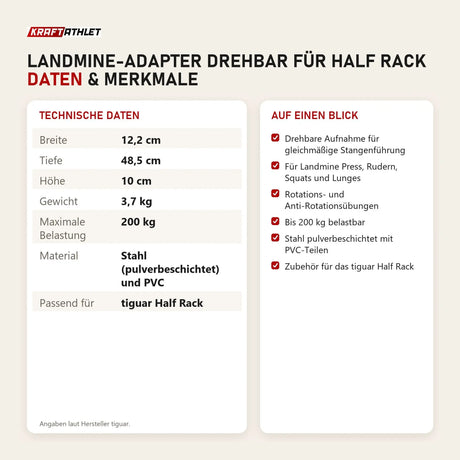 Technische Daten und Merkmale von tiguar Landmine-Adapter drehbar für Half Rack als Tabelle