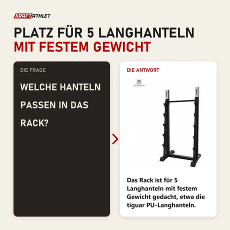 Frage und Antwort zu tiguar Langhantel-Rack 5-fach: Welche Hanteln passen in das Rack?