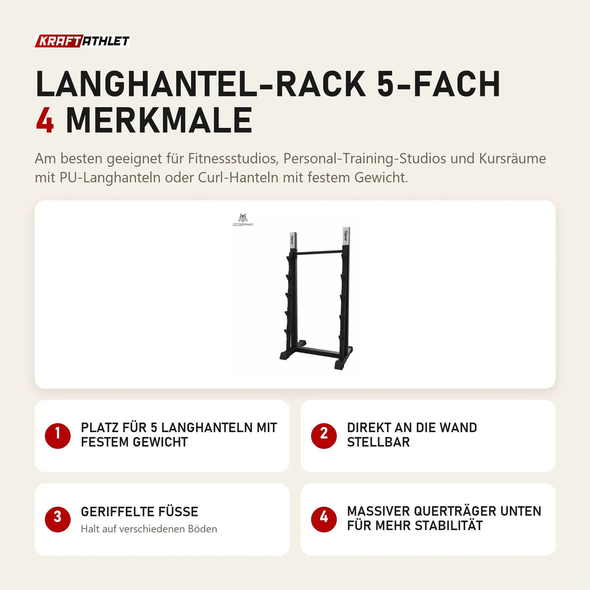 tiguar Langhantel-Rack 5-fach mit 4 Merkmalen: Platz für 5 Langhanteln mit festem Gewicht, Direkt an die Wand stellbar, Geriffelte Füße, Massiver Querträger unten für mehr Stabilität