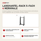 tiguar Langhantel-Rack 5-fach mit 4 Merkmalen: Platz für 5 Langhanteln mit festem Gewicht, Direkt an die Wand stellbar, Geriffelte Füße, Massiver Querträger unten für mehr Stabilität