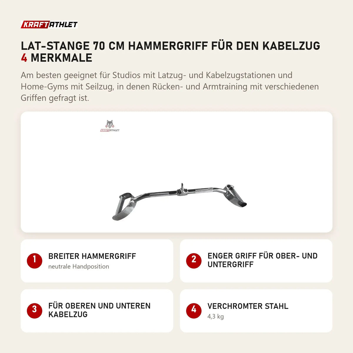 tiguar Lat-Stange 70 cm Hammergriff für den Kabelzug mit 4 Merkmalen: Breiter Hammergriff, Enger Griff für Ober- und Untergriff, Für oberen und unteren Kabelzug, Verchromter Stahl