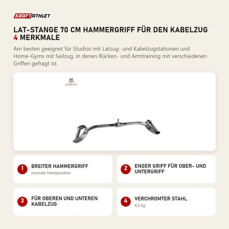 tiguar Lat-Stange 70 cm Hammergriff für den Kabelzug mit 4 Merkmalen: Breiter Hammergriff, Enger Griff für Ober- und Untergriff, Für oberen und unteren Kabelzug, Verchromter Stahl
