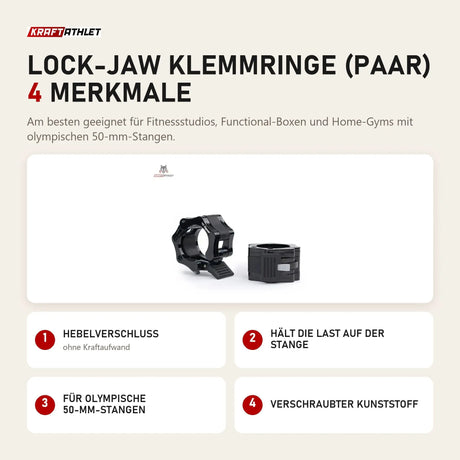 tiguar Lock-Jaw Klemmringe (Paar) mit 4 Merkmalen: Hebelverschluss, Hält die Last auf der Stange, Für olympische 50-mm-Stangen, Verschraubter Kunststoff