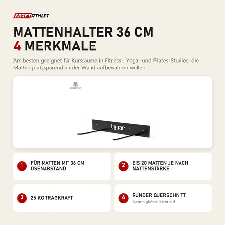 tiguar Mattenhalter 36 cm mit 4 Merkmalen: Für Matten mit 36 cm Ösenabstand, Bis 20 Matten je nach Mattenstärke, 25 kg Tragkraft, Runder Querschnitt