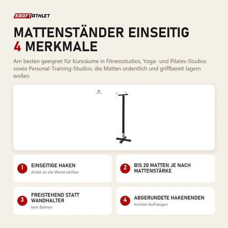 tiguar Mattenständer einseitig mit 4 Merkmalen: Einseitige Haken, Bis 20 Matten je nach Mattenstärke, Freistehend statt Wandhalter, Abgerundete Hakenenden