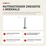tiguar Mattenständer zweiseitig mit 4 Merkmalen: Haken auf beiden Seiten, Je Seite bis 20 Matten je nach Mattenstärke, Freistehend ohne Bohren, Abgerundete Hakenenden