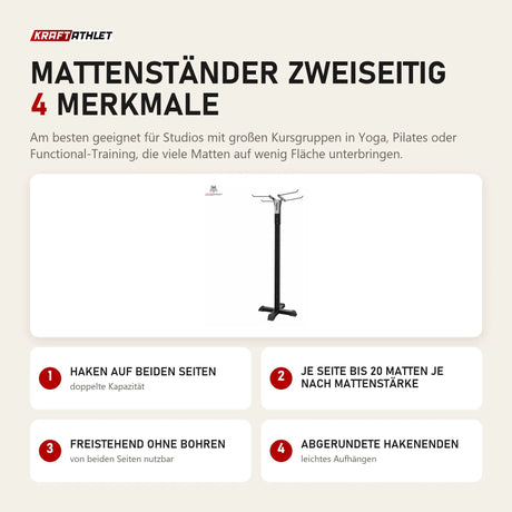 tiguar Mattenständer zweiseitig mit 4 Merkmalen: Haken auf beiden Seiten, Je Seite bis 20 Matten je nach Mattenstärke, Freistehend ohne Bohren, Abgerundete Hakenenden