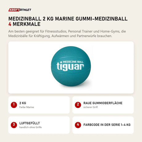 tiguar Medizinball 2 kg Marine Gummi-Medizinball mit 4 Merkmalen: 2 kg, Raue Gummioberfläche, Luftgefüllt, Farbcode in der Serie 1–4 kg