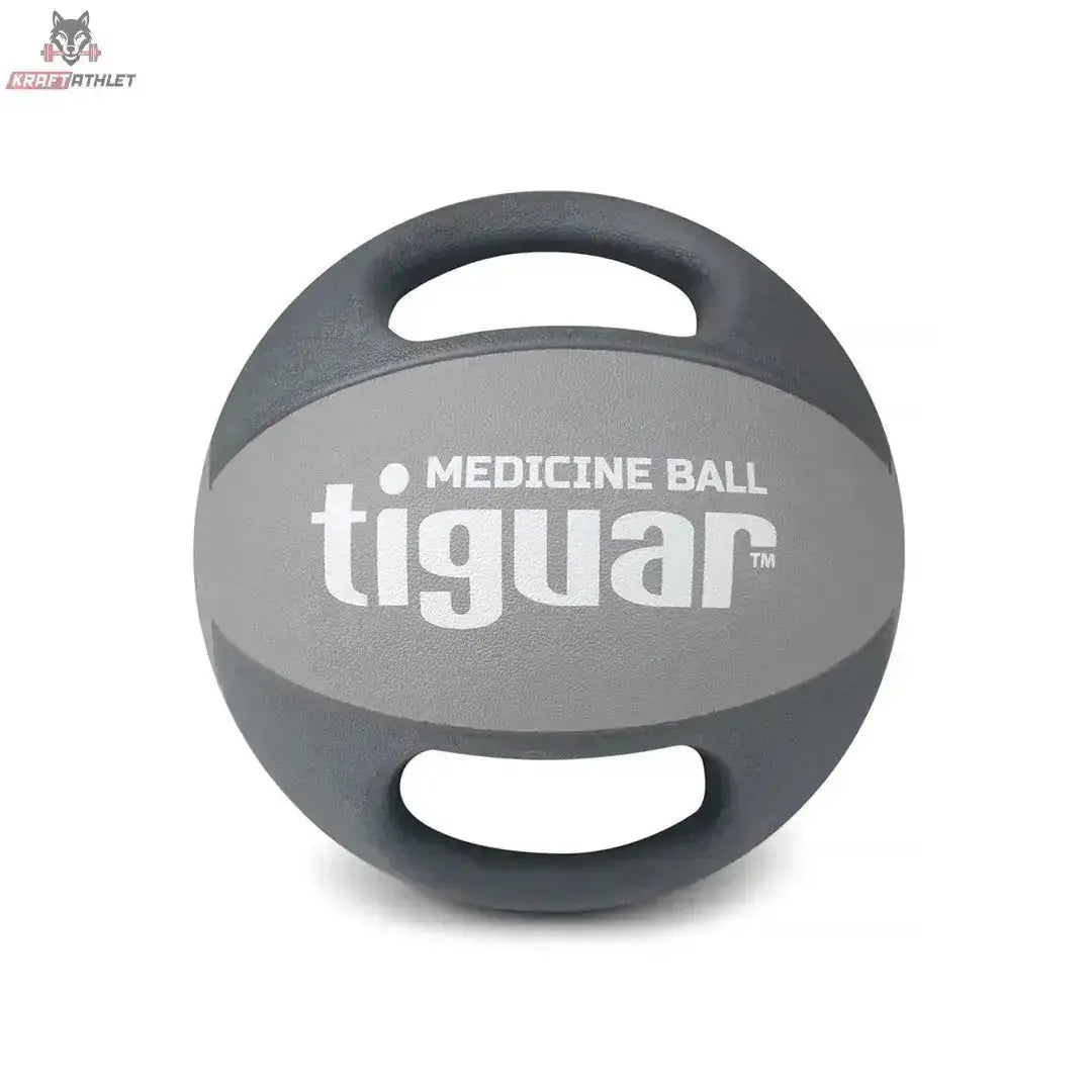tiguar Medizinball Dual Grip 6 kg mit Griffen, Frontansicht mit hellgrauem Mittelband und zwei Griffen