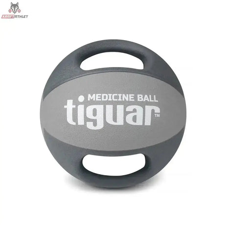 tiguar Medizinball Dual Grip 6 kg mit Griffen, Frontansicht mit hellgrauem Mittelband und zwei Griffen