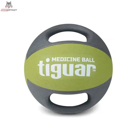 tiguar Medizinball Dual Grip 6 kg mit Griffen, Frontansicht mit hellgrünem Mittelband und zwei Griffen