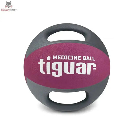 tiguar Medizinball Dual Grip 6 kg mit Griffen, Frontansicht mit Magenta-Mittelband und zwei Griffen
