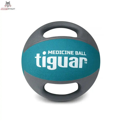 tiguar Medizinball Dual Grip 6 kg mit Griffen, Frontansicht mit Petrol-Mittelband und zwei Griffen