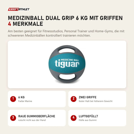 tiguar Medizinball Dual Grip 6 kg mit Griffen mit 4 Merkmalen: 6 kg, Zwei Griffe, Raue Gummioberfläche, Luftgefüllt