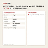 Technische Daten und Lieferumfang von tiguar Medizinball Dual Grip 6 kg mit Griffen als Tabelle