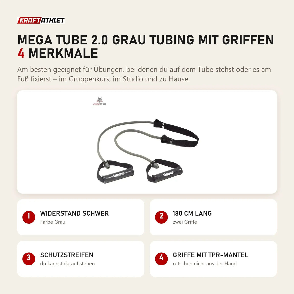 tiguar Mega Tube 2.0 Grau Tubing mit Griffen mit 4 Merkmalen: Widerstand schwer, 180 cm lang, Schutzstreifen, Griffe mit TPR-Mantel