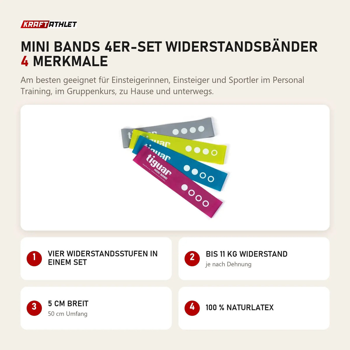 tiguar Mini Bands 4er-Set Widerstandsbänder mit 4 Merkmalen: Vier Widerstandsstufen in einem Set, Bis 11 kg Widerstand, 5 cm breit, 100 % Naturlatex