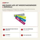 tiguar Mini Bands 4er-Set Widerstandsbänder mit 4 Merkmalen: Vier Widerstandsstufen in einem Set, Bis 11 kg Widerstand, 5 cm breit, 100 % Naturlatex