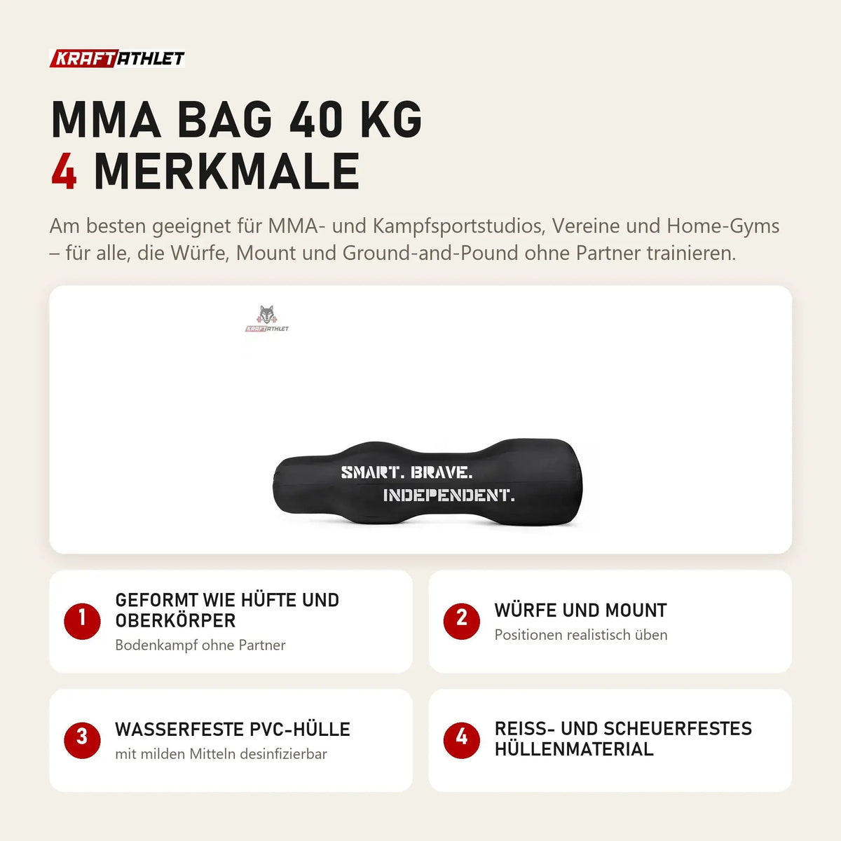 tiguar MMA Bag 40 kg mit 4 Merkmalen: Geformt wie Hüfte und Oberkörper, Würfe und Mount, Wasserfeste PVC-Hülle, Reiß- und scheuerfestes Hüllenmaterial