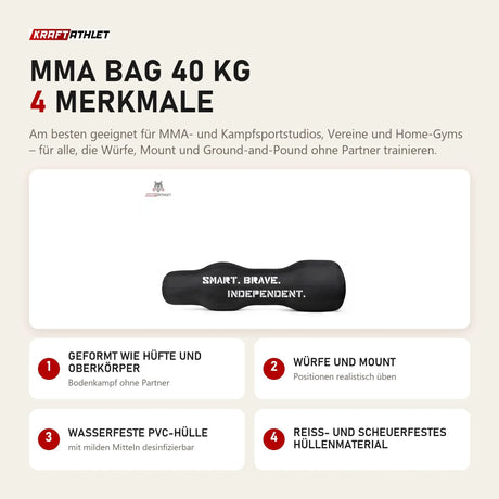 tiguar MMA Bag 40 kg mit 4 Merkmalen: Geformt wie Hüfte und Oberkörper, Würfe und Mount, Wasserfeste PVC-Hülle, Reiß- und scheuerfestes Hüllenmaterial