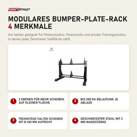 tiguar Modulares Bumper-Plate-Rack mit 4 Merkmalen: 2 Ebenen für mehr Scheiben auf kleiner Fläche, Bis 200 kg Belastung je Ablage, Trennstege halten Scheiben mit Ø 450 mm aufrecht, Geschweißter Stahl mit 3 mm Wandstärke