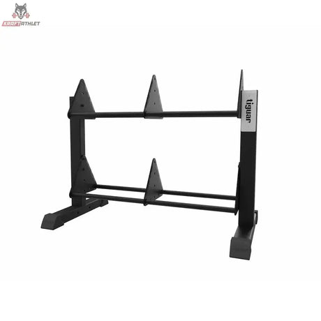tiguar Modulares Bumper-Plate-Rack in Schwarz, Schrägansicht von links mit zwei Ebenen und Trennstiften