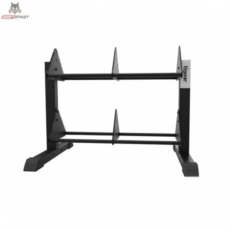 tiguar Modulares Bumper-Plate-Rack in Schwarz, Schrägansicht von rechts, leer auf weißem Hintergrund