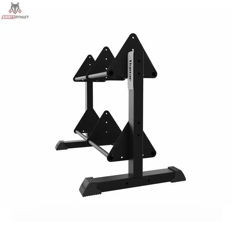 tiguar Modulares Bumper-Plate-Rack in Schwarz, Seitenansicht mit dreieckigen Ablagen auf zwei Ebenen