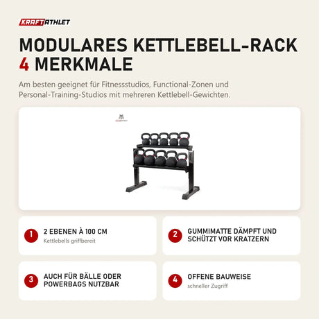 tiguar Modulares Kettlebell-Rack mit 4 Merkmalen: 2 Ebenen à 100 cm, Gummimatte dämpft und schützt vor Kratzern, Auch für Bälle oder Powerbags nutzbar, Offene Bauweise