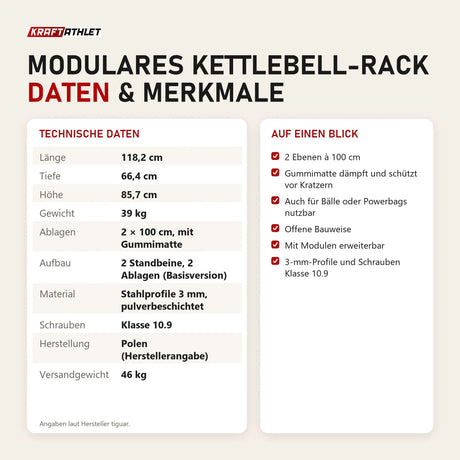 Technische Daten und Merkmale von tiguar Modulares Kettlebell-Rack als Tabelle