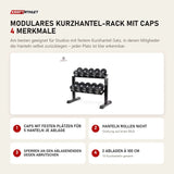 tiguar Modulares Kurzhantel-Rack mit Caps mit 4 Merkmalen: Caps mit festen Plätzen für 5 Hanteln je Ablage, Hanteln rollen nicht, Sperren an den Ablagenenden gegen Abrutschen, 2 Ablagen à 100 cm