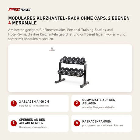 tiguar Modulares Kurzhantel-Rack ohne Caps, 2 Ebenen mit 4 Merkmalen: 2 Ablagen à 100 cm, Gummimatte auf den Ablagen, Sperren an den Ablagenenden, Kaskadenrahmen