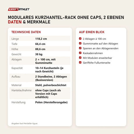 Technische Daten und Merkmale von tiguar Modulares Kurzhantel-Rack ohne Caps, 2 Ebenen als Tabelle