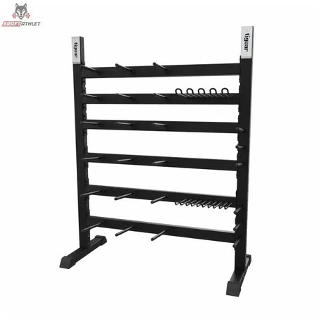 tiguar Modulares Powergym-Rack 22/24 in Frontansicht mit sechs Ablageebenen und Haken, schwarz