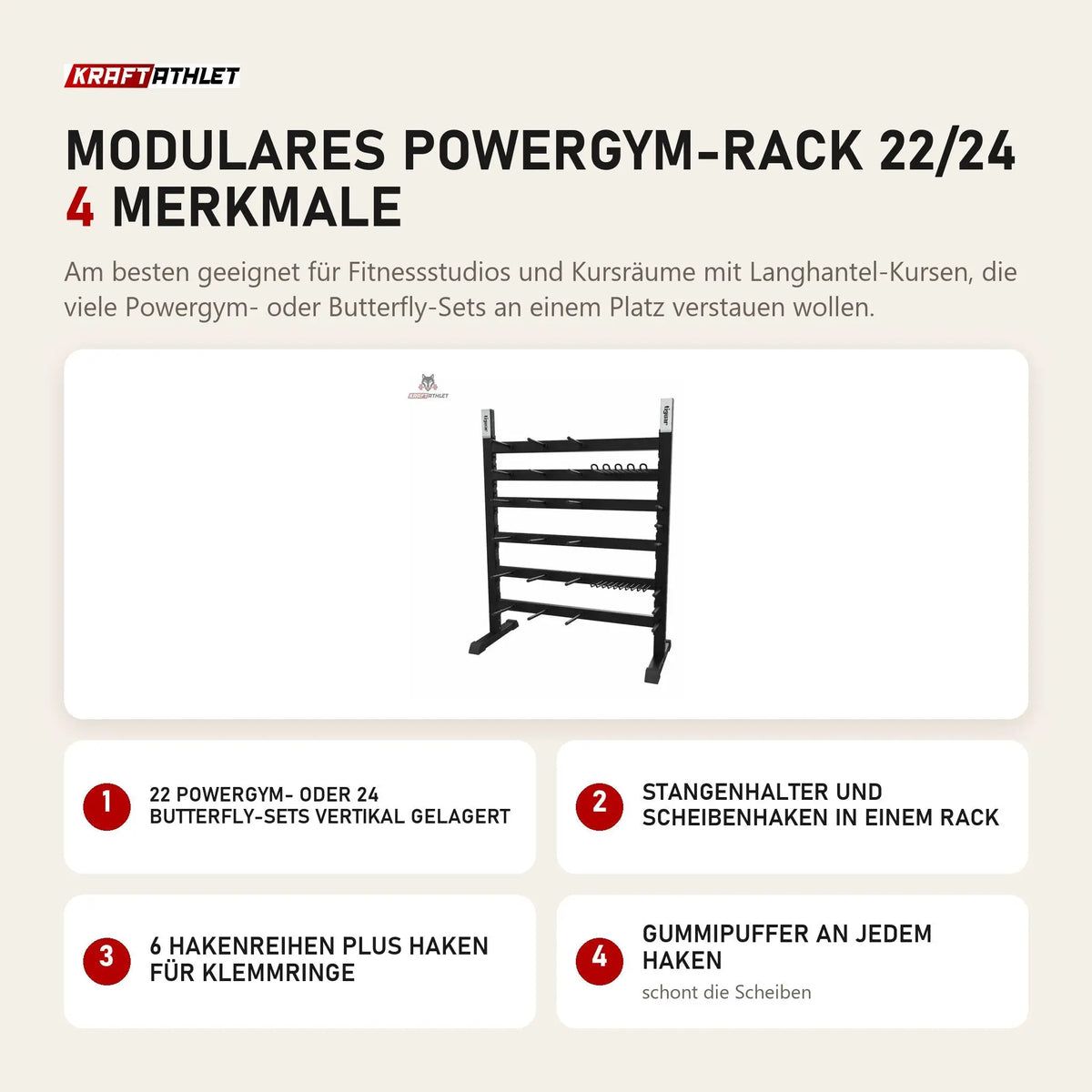 tiguar Modulares Powergym-Rack 22/24 mit 4 Merkmalen: 22 Powergym- oder 24 Butterfly-Sets vertikal gelagert, Stangenhalter und Scheibenhaken in einem Rack, 6 Hakenreihen plus Haken für Klemmringe, Gummipuffer an jedem Haken