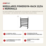 tiguar Modulares Powergym-Rack 22/24 mit 4 Merkmalen: 22 Powergym- oder 24 Butterfly-Sets vertikal gelagert, Stangenhalter und Scheibenhaken in einem Rack, 6 Hakenreihen plus Haken für Klemmringe, Gummipuffer an jedem Haken