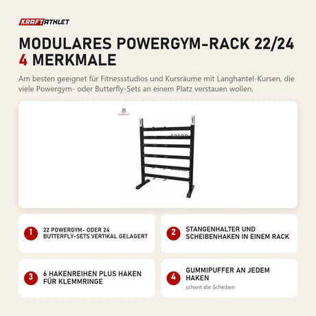 tiguar Modulares Powergym-Rack 22/24 mit 4 Merkmalen: 22 Powergym- oder 24 Butterfly-Sets vertikal gelagert, Stangenhalter und Scheibenhaken in einem Rack, 6 Hakenreihen plus Haken für Klemmringe, Gummipuffer an jedem Haken