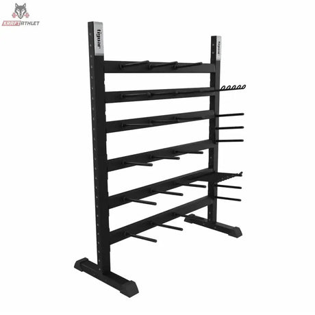tiguar Modulares Powergym-Rack 22/24 in Schrägansicht mit Standfüßen und Ablagestangen, schwarz