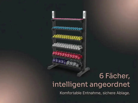 tiguar Multifunktions-Rack 6 Ablagen: Grafik zu den sechs Fächern mit Kurzhanteln