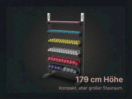 tiguar Multifunktions-Rack 6 Ablagen: Grafik zur Höhe von 179 cm, beladen mit Kurzhanteln
