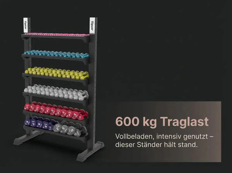 tiguar Multifunktions-Rack 6 Ablagen: Grafik zur Traglast von 600 kg, beladen mit Kurzhanteln