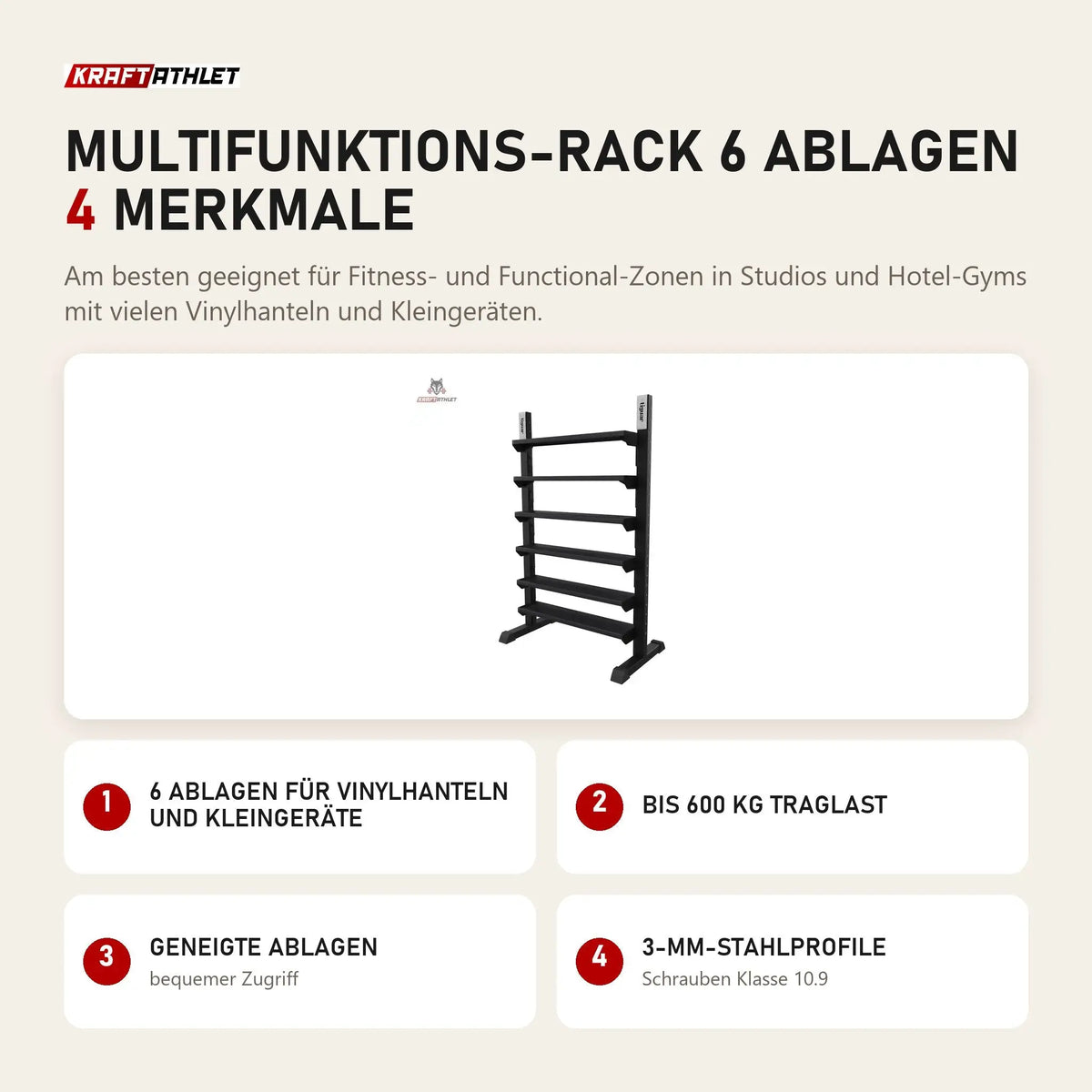 tiguar Multifunktions-Rack 6 Ablagen mit 4 Merkmalen: 6 Ablagen für Vinylhanteln und Kleingeräte, Bis 600 kg Traglast, Geneigte Ablagen, 3-mm-Stahlprofile