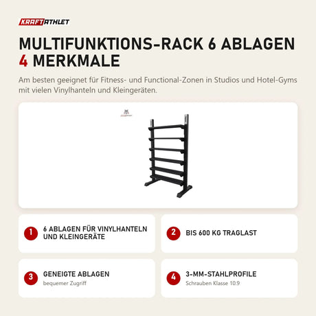 tiguar Multifunktions-Rack 6 Ablagen mit 4 Merkmalen: 6 Ablagen für Vinylhanteln und Kleingeräte, Bis 600 kg Traglast, Geneigte Ablagen, 3-mm-Stahlprofile