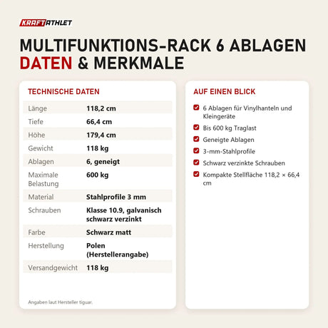 Technische Daten und Merkmale von tiguar Multifunktions-Rack 6 Ablagen als Tabelle