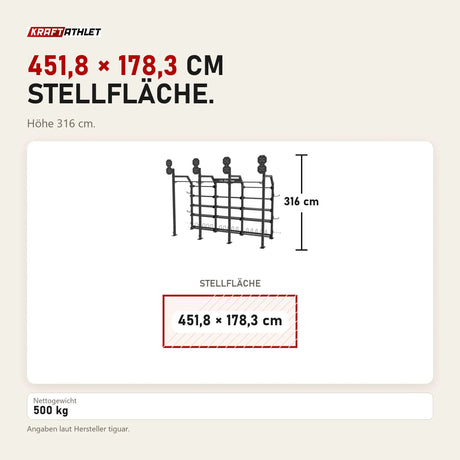 Maßbild tiguar Multifunktions-Rig 4RACE: Stellfläche 451,8 × 178,3 cm, Höhe 316 cm