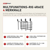 tiguar Multifunktions-Rig 4RACE mit 4 Merkmalen: Lager und Wall-Ball-Zone in einer Konstruktion, 4 Wall-Ball-Stationen und 2 Zielfelder, Lagerplatz für Wall Balls, Kettlebells, Scheiben, Seile, Hauptprofil 75 × 75 × 3 mm aus Carbon-Stahl