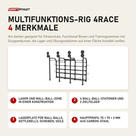 tiguar Multifunktions-Rig 4RACE mit 4 Merkmalen: Lager und Wall-Ball-Zone in einer Konstruktion, 4 Wall-Ball-Stationen und 2 Zielfelder, Lagerplatz für Wall Balls, Kettlebells, Scheiben, Seile, Hauptprofil 75 × 75 × 3 mm aus Carbon-Stahl