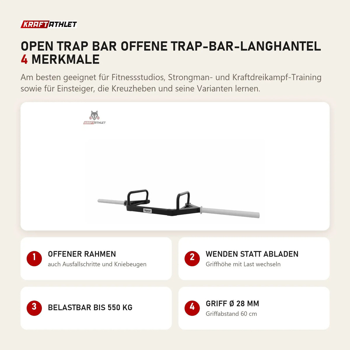 tiguar Open Trap Bar offene Trap-Bar-Langhantel mit 4 Merkmalen: Offener Rahmen, Wenden statt Abladen, Belastbar bis 550 kg, Griff Ø 28 mm