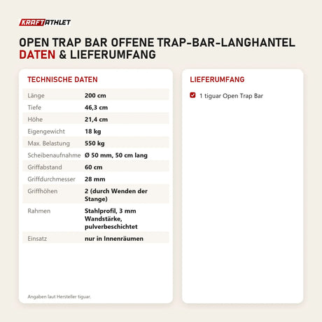 Technische Daten und Lieferumfang von tiguar Open Trap Bar offene Trap-Bar-Langhantel als Tabelle